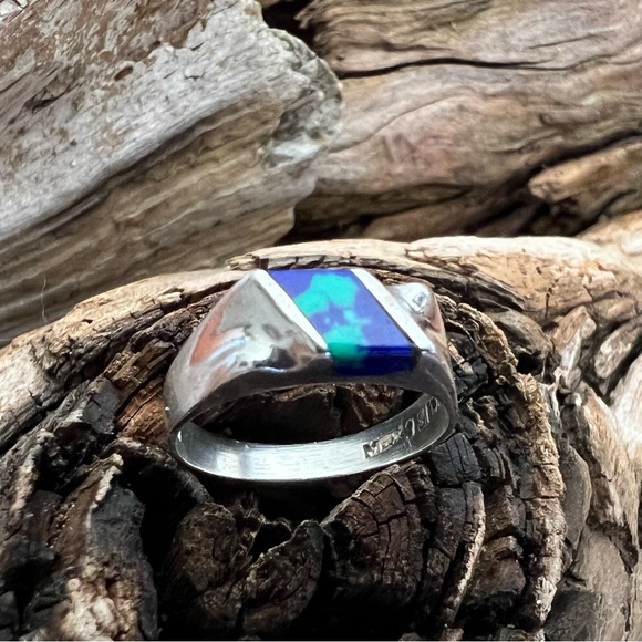 Taxco Mexico Sterling Silver Ring TM-166 Azurite Turquoise Lapis Lazuli Signet - Picture 2 of 9